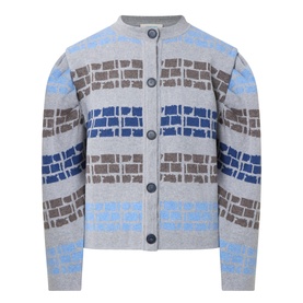 Urban Aran grey merino wool cardigan with blue and taupe brick-pattern jacquard stripes and button front fastening