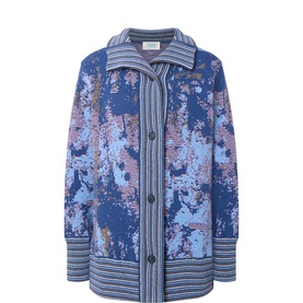 Urban Aran dark blue abstract-print merino wool jacket with button front, spread collar, and striped ribbed hem and cuffs