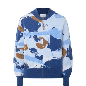 Urban Aran blue merino wool bomber jacket with abstract camouflage jacquard pattern in sky blue, white and tan, zip fastening