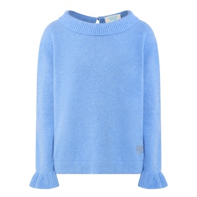 Urban Aran blue merino wool knit jumper with round neck, bow back detail, and frill cuffs