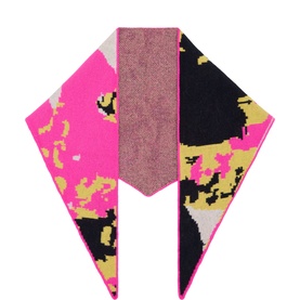 Urban Aran fuchsia merino wool scarf with abstract pixel-style print in pink, yellow, black and grey, folded flat.