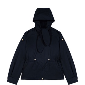 Maje navy hooded jacket with drawstring waist, tied neck detail, gold snap buttons, and long sleeves