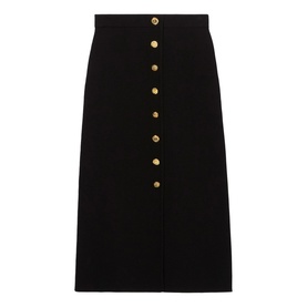 Claude Pierlot black midi skirt with gold button-front detail and A-line silhouette