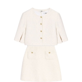 Maje Womens French Dress in metallic cream tweed with matching cropped jacket, gold button detail and patch pockets