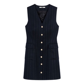 Maje Womens French Dress in navy pinstripe, sleeveless V-neck design with gold buttons and front pockets