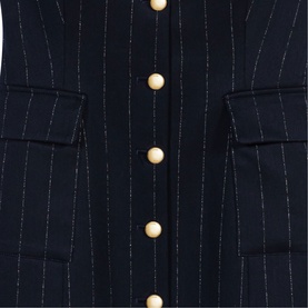 Maje Womens French Dress in navy pinstripe with gold button front fastening and patch pockets, close-up detail