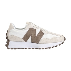New Balance 327 trainers in Linen Sea Salt Mushroom, featuring suede and mesh upper, oversized N logo, white chunky sole