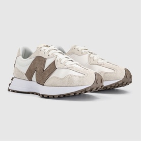 New Balance 327 trainers in Linen Sea Salt Mushroom, suede and mesh upper, taupe N logo, white midsole with patterned outsole