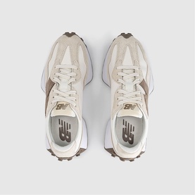 New Balance 327 trainers in Linen Sea Salt Mushroom, overhead flat lay showing suede and mesh upper with brown rubber sole.