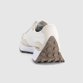 New Balance trainer in Linen Sea Salt Mushroom, cream suede and mesh upper, white midsole, textured gum rubber outsole, rear three-quarter view