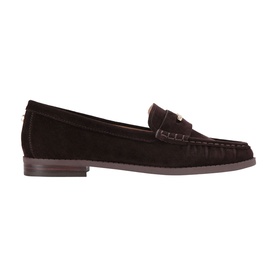 Carvela brown suede loafer with gold-tone hardware and penny strap detail, flat sole, side profile view