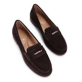 Carvela brown suede penny loafers with gold logo lettering, moccasin stitching detail and flat sole, pair view