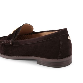 Carvela brown suede loafer with fringe detail, gold-tone hardware, and tan leather trim, shown from rear three-quarter angle.
