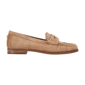 Carvela brown suede penny loafer with gold-tone hardware, moccasin stitching detail, and tan leather sole, side profile view.