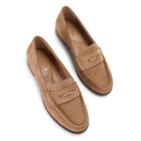 Carvela brown suede loafers with gold logo hardware on penny strap, flat sole, overhead pair shot.