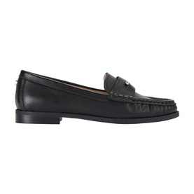Carvela black leather loafer with gold-tone hardware detail, flat sole and classic moccasin toe, side profile view