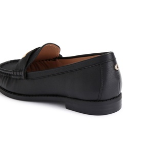 Carvela black leather loafer, rear three-quarter view, flat sole with gold-tone side embellishment and tan leather insole