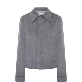 Ami Paris grey wool-cashmere jacket with spread collar, button front, chest patch pocket, and ribbed cuffs