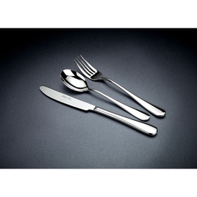 Arthur Price Camelot Six-Person Cutlery Set 42-Piece in polished silver stainless steel, showing knife, fork and spoon arrangement