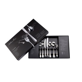 Arthur Price Camelot 42-Piece Six-Person Cutlery Set in silver 18/10 stainless steel, displayed in branded black gift box