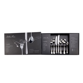 Arthur Price Camelot Six-Person Cutlery Set 42-Piece in silver stainless steel, displayed in open gift box packaging.