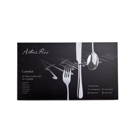 Arthur Price Camelot Six-Person Cutlery Set 42-Piece in silver, shown in black gift box with fork, knife and spoon graphic