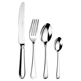 Arthur Price Old English 32-Piece Cutlery Set in polished silver stainless steel, showing knife, fork, dessert spoon and teaspoon