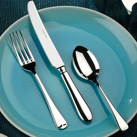 Arthur Price Old English 32-Piece Cutlery Set in silver stainless steel; fork, knife and spoon displayed on a teal plate.
