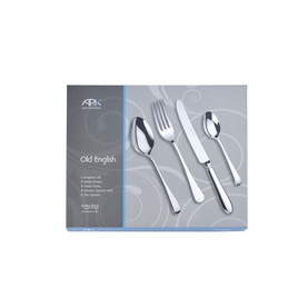 Arthur Price Old English 32-Piece Cutlery Set in silver stainless steel, shown in gift box with knife, fork and two spoons displayed.