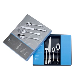 Arthur Price Old English 32-Piece Cutlery Set in silver stainless steel, shown in open gift box with sample pieces displayed