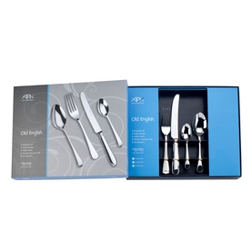 Arthur Price Old English 32-Piece Cutlery Set in silver stainless steel, shown in open gift box with cutlery fanned inside