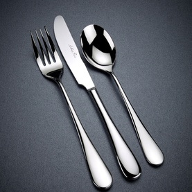Arthur Price Camelot 58-Piece Cutlery Set in polished silver stainless steel, showing table fork, knife, and spoon