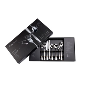 Arthur Price Camelot 58-Piece Eight-Person Cutlery Set in silver stainless steel, displayed in open black gift box with lid.