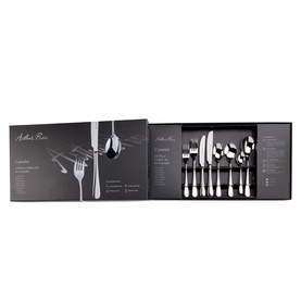 Arthur Price Camelot 58-Piece Eight-Person Cutlery Set in silver stainless steel, shown in open gift box with full contents displayed