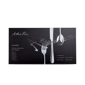 Arthur Price Camelot Eight-Person Cutlery Set 58-Piece, black gift box packaging with silver cutlery imagery and set contents listed