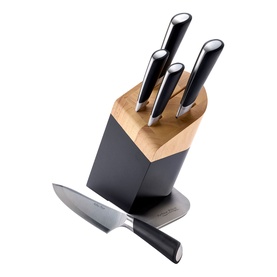 Arthur Price Six-Piece Knife Block Set in black, featuring five stainless steel knives stored in a two-tone rubberwood and black knife block
