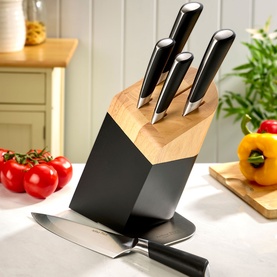Arthur Price Six-Piece Knife Block Set in black, featuring rubberwood and black block with 5 knives stored, chef's knife laid in front