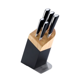 Arthur Price Six-Piece Knife Block Set in black, featuring five stainless steel knives with black handles stored in a rubberwood and black block.