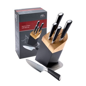 Arthur Price Six-Piece Knife Block Set in black, featuring rubberwood and black block with stainless steel knives and product box
