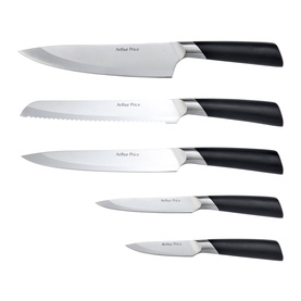 Arthur Price Six-Piece Knife Block Set with stainless steel blades and black handles, showing bread, slicing, chef's, utility and paring knives