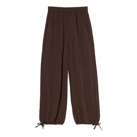 Whistles brown wide-leg trousers with elasticated waist, relaxed silhouette, and tie-hem ankles