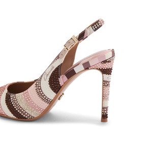 Carvela pink slingback stiletto heel with embellished dot stripe pattern, gold buckle detail and slim crystal-studded heel