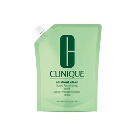 Clinique Liquid Facial Soap Mild Refill in a large green flexible pouch with flip-top cap
