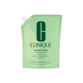 Clinique Liquid Facial Soap Extra Mild Refill in a large green pouch with flip-top cap and Clinique branding