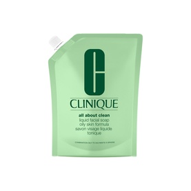Clinique Liquid Facial Soap Oily Refill in a green flexible refill pouch with flip-top cap