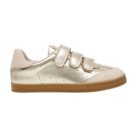 Steve Madden gold metallic leather trainers with scalloped velcro straps, perforated toe box, and tan gum sole.