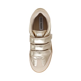 Steve Madden gold metallic trainer with double velcro straps, scalloped trim detail, and gum sole, overhead view.