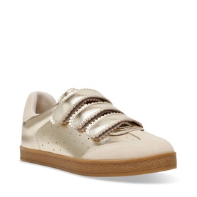 Steve Madden gold metallic leather trainers with velcro straps, perforated detailing, and tan gum sole