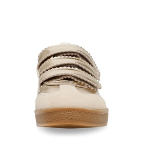 Steve Madden gold suede trainer with double scallop-edged velcro straps and tan rubber sole, front view.