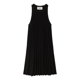 Bash black sleeveless pleated midi dress with round neckline and flared skirt, ghost mannequin shot